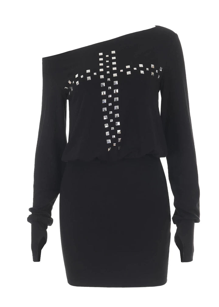 STUDDED CROSS OFF SHOULDER MINI DRESS / LG1701