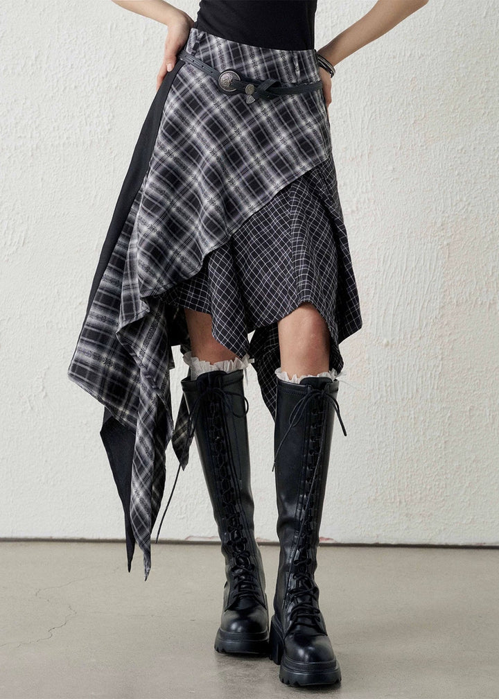 ASYMMETRY CHECK DRAPE SKIRT / LG1593