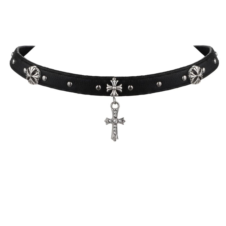 CROSS CHARM LEATHER CHOKER / A1157