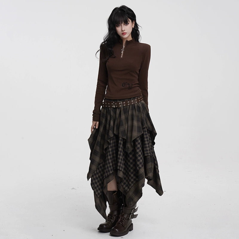 ASYMMETRIC CHECK DRAPE SKIRT / LG1424