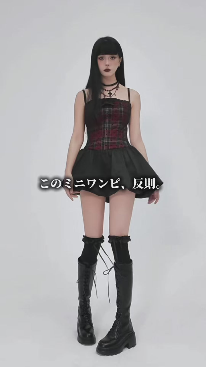 checkered suspender short dress / LG1246