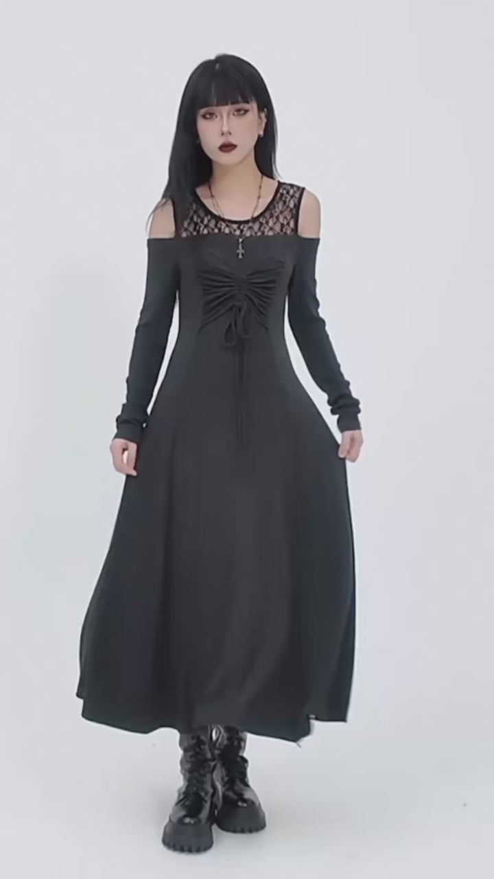Lace-up Sheer Sleeve Long Dress / lg1336_e4r