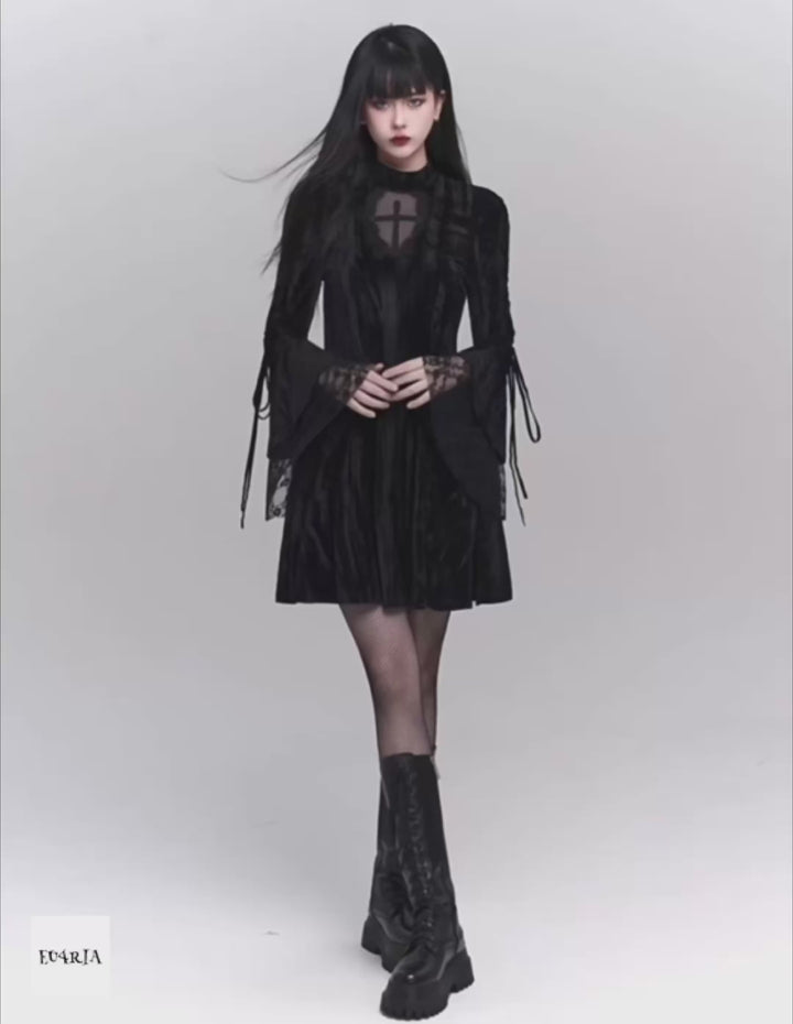 【당일 배송】goth velvet lacing mini dress/lg1139 