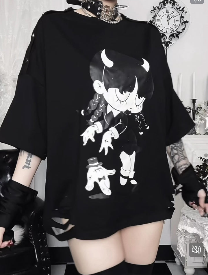 DARK DEMON GIRL PRINT OVERSIZE T-SHIRT / LG1632