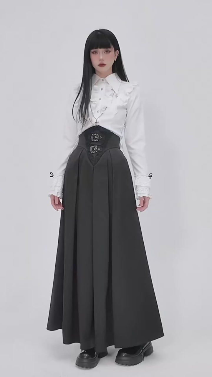 frill blouse &amp; high waist pleated long skirt / LG1224