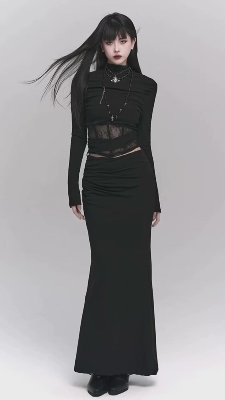 Black lace cut and sew &amp;amp; mermaid skirt / LG1143_e4r