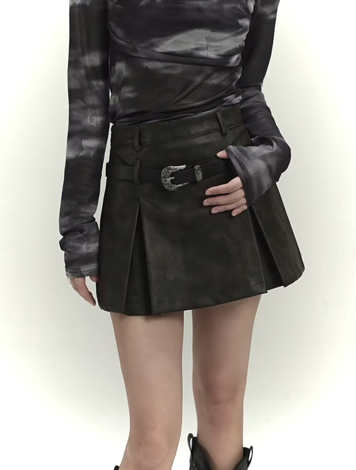 retro high waist leather short skirt / LG1105