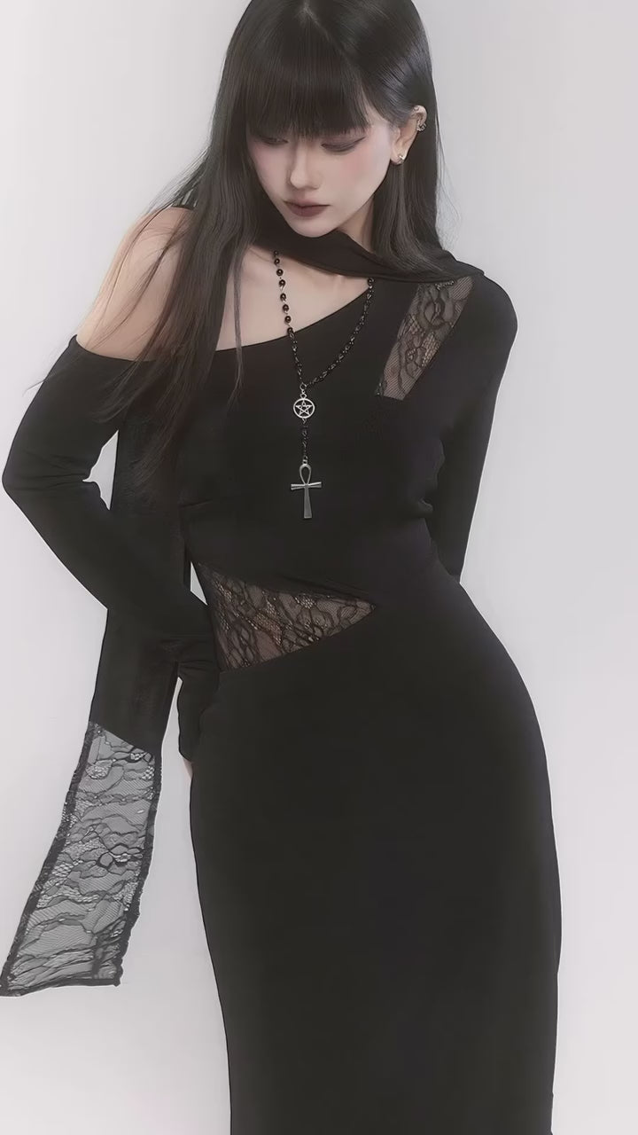 [Same-day delivery] One shoulder scarf dark dress / LG1190