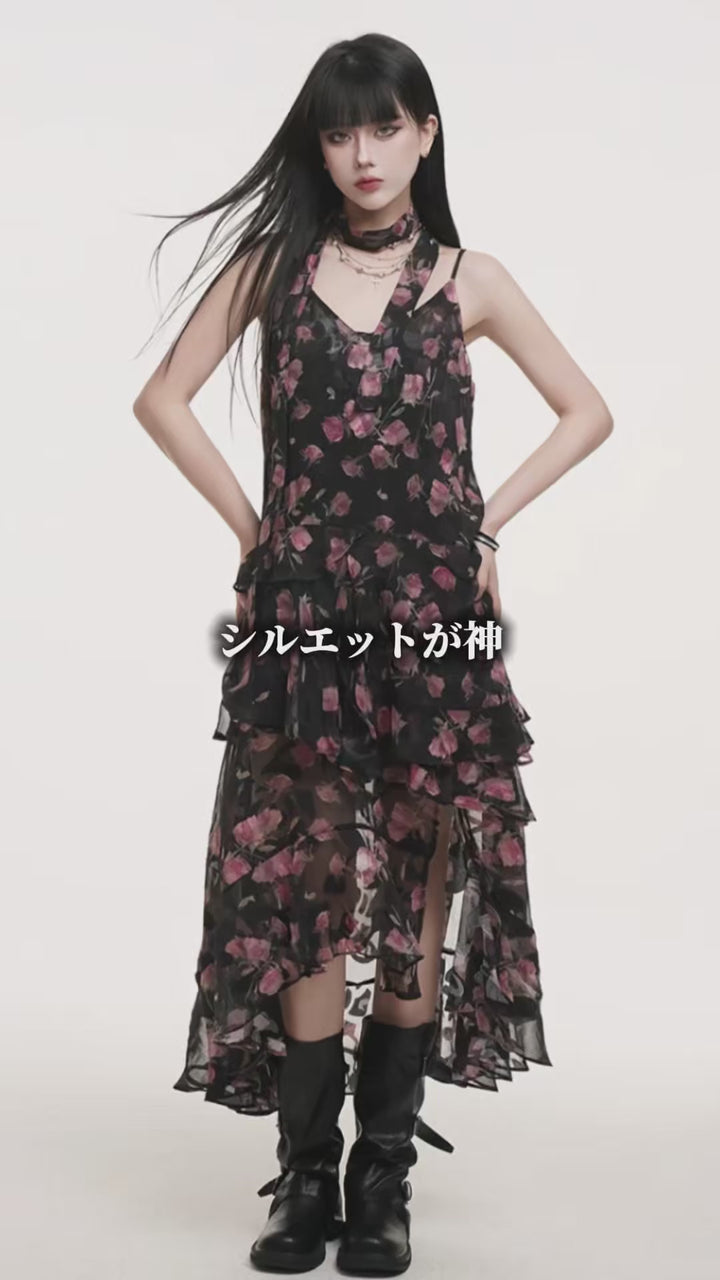 Rose print sheer cami dress / lg1262 