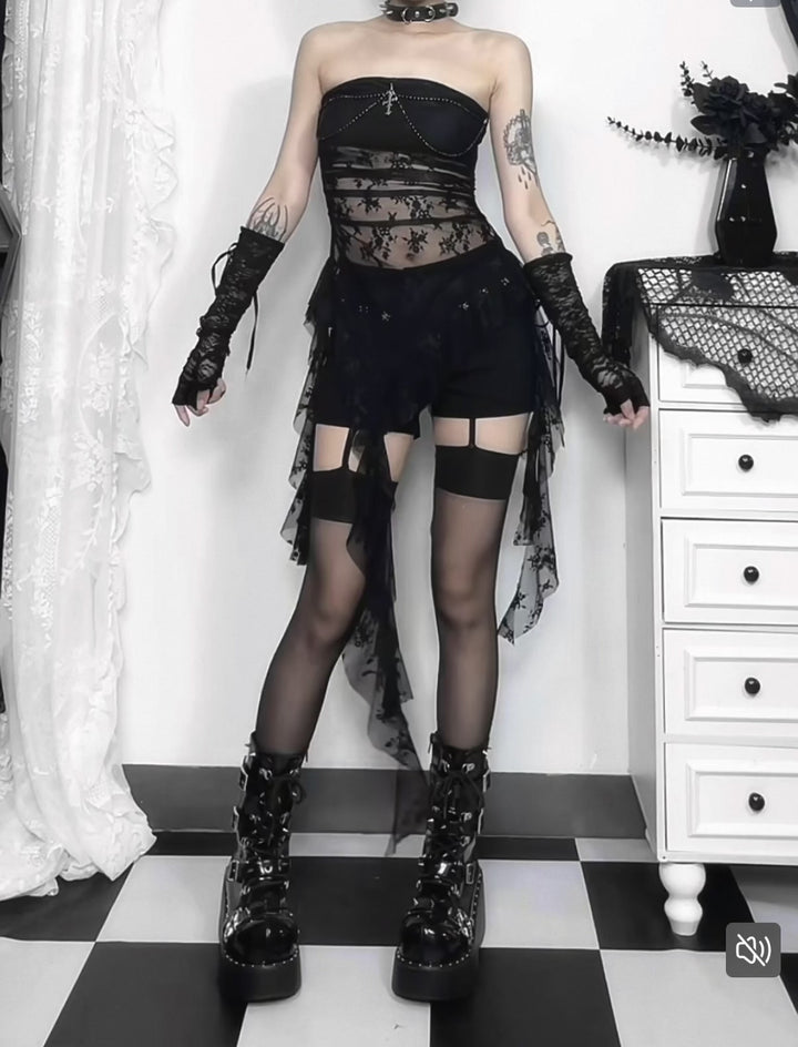 LACE CROSS DRAPE TULLE TOP / LG1587