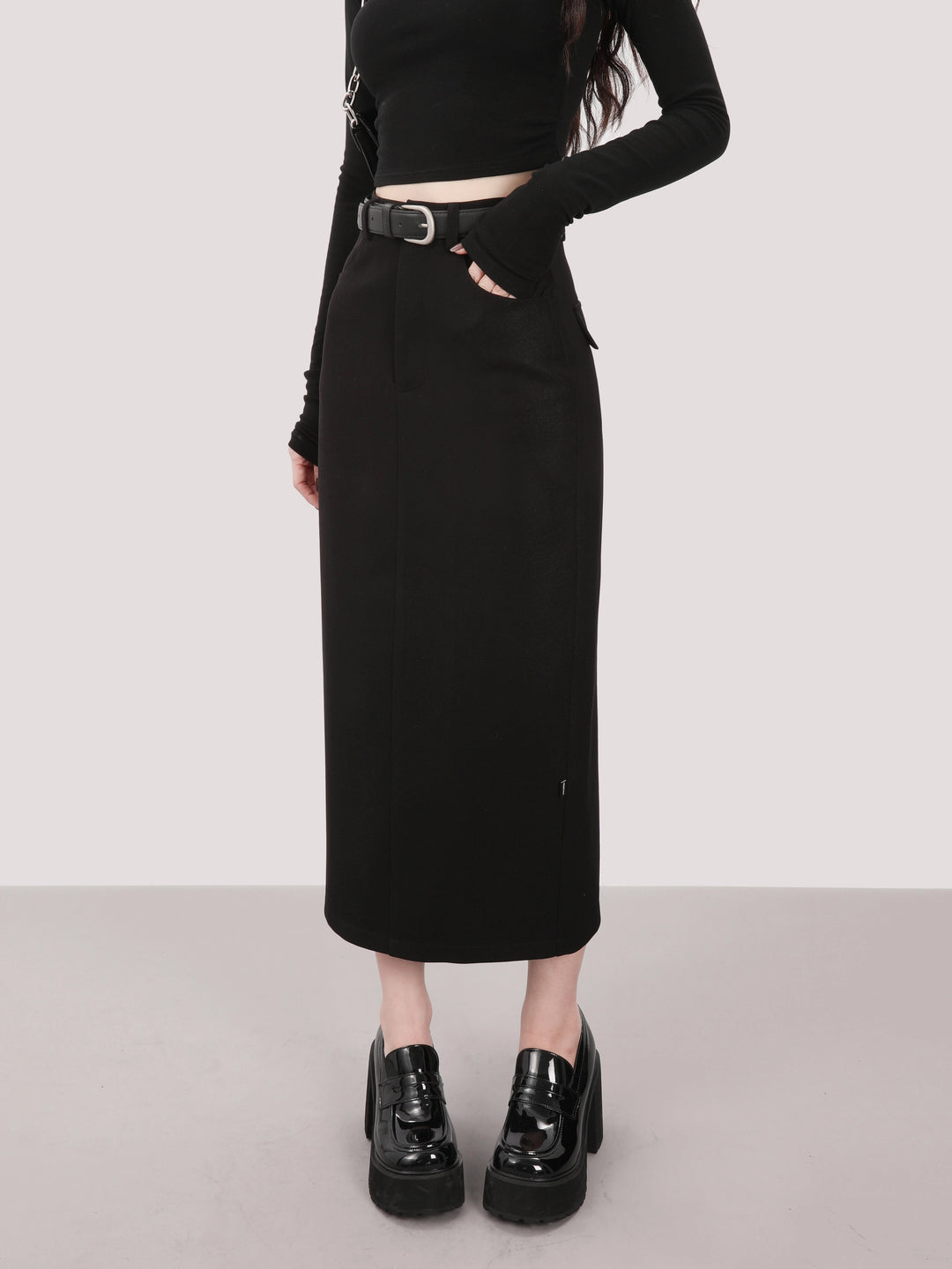 high waist one stop long skirt/mu1107