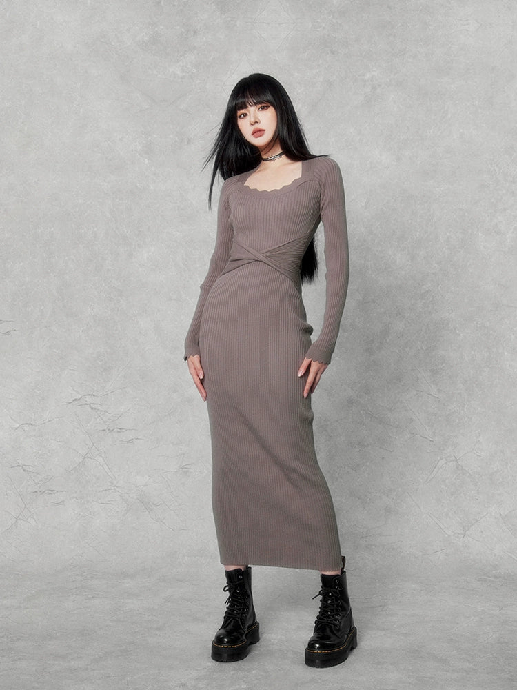 slim rib knit dress/vo1110