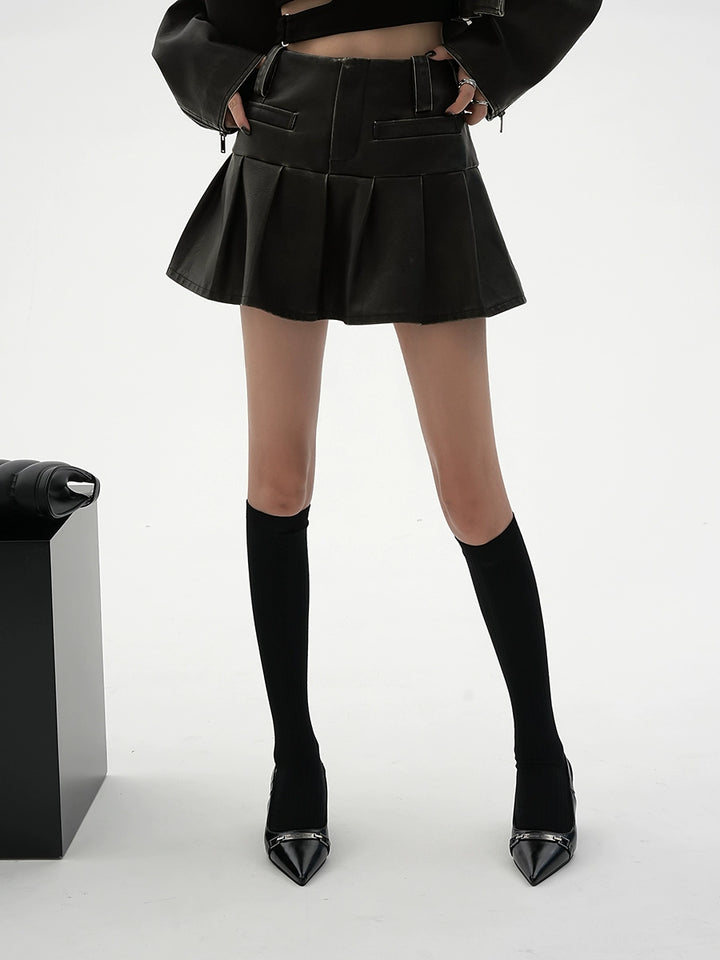 pu leather pleated skirt/sr1103