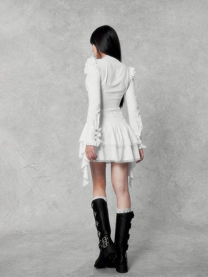 ribbon tie lace ruffle shirt & ruffle skirt/vo1113