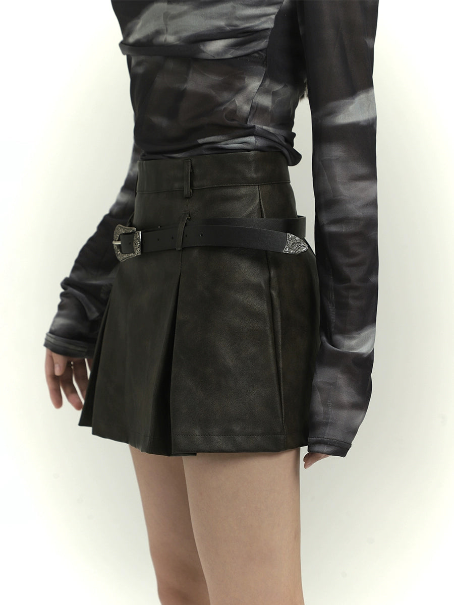 retro high waist leather short skirt / LG1105