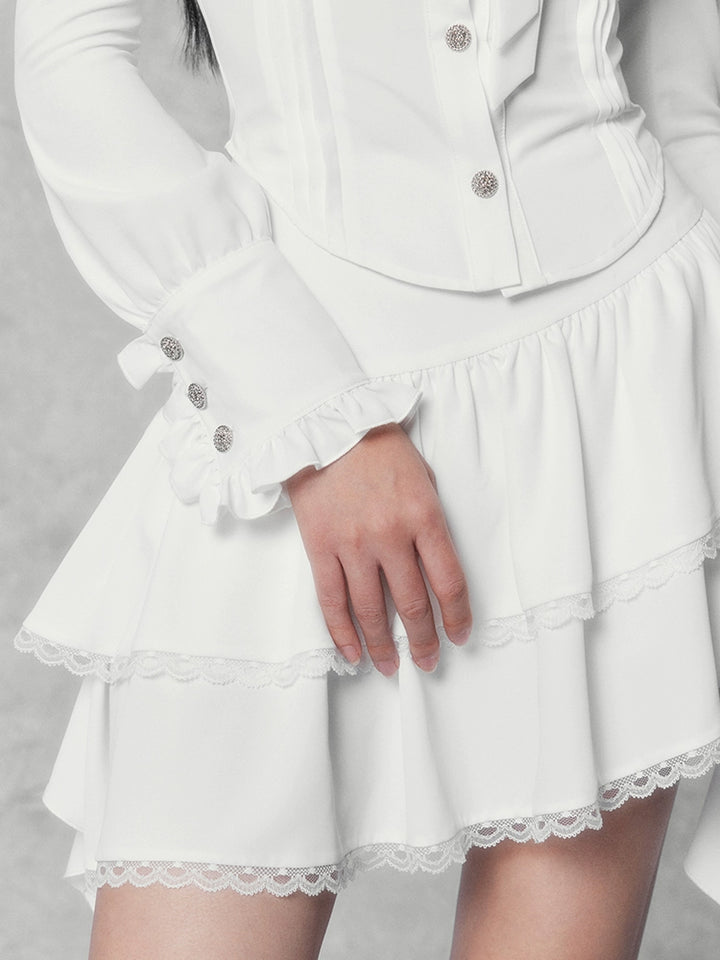 ribbon tie lace ruffle shirt & ruffle skirt/vo1113