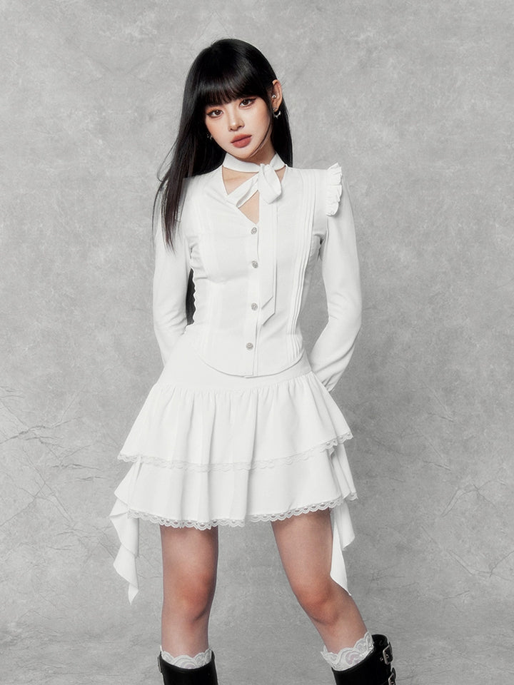 ribbon tie lace ruffle shirt & ruffle skirt/vo1113