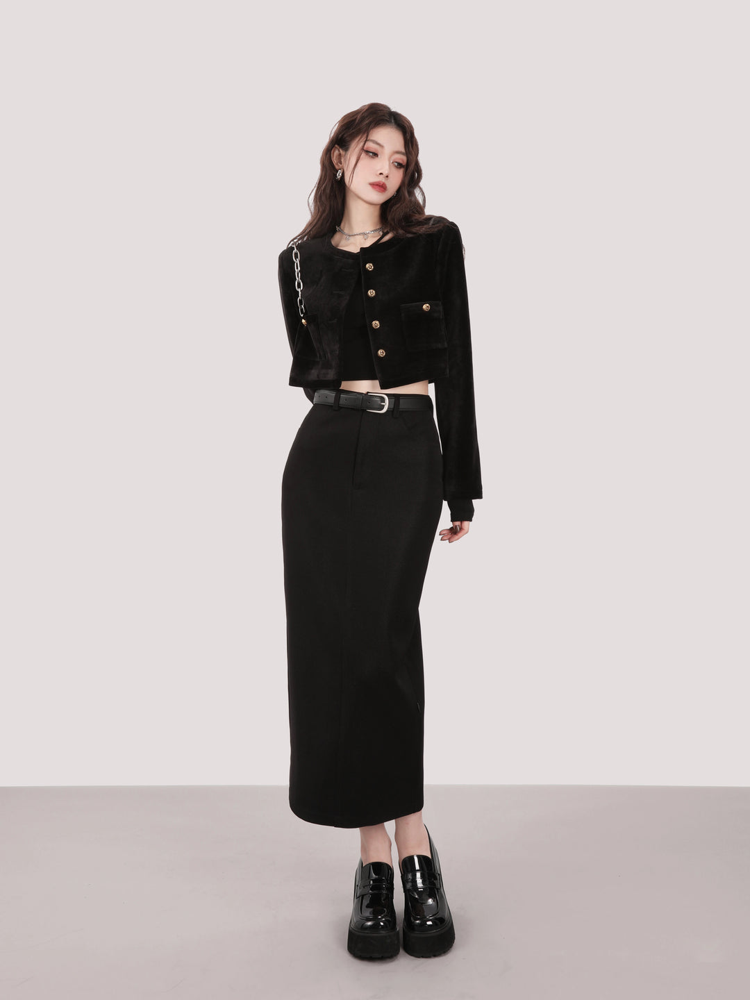 high waist one stop long skirt/mu1107