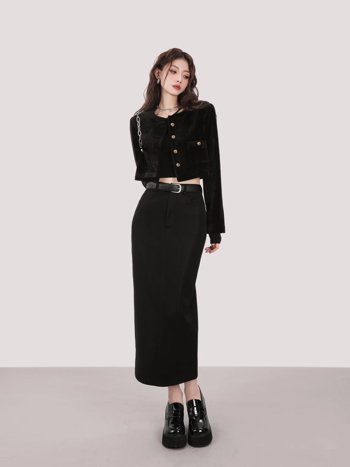 high waist one stop long skirt/mu1107