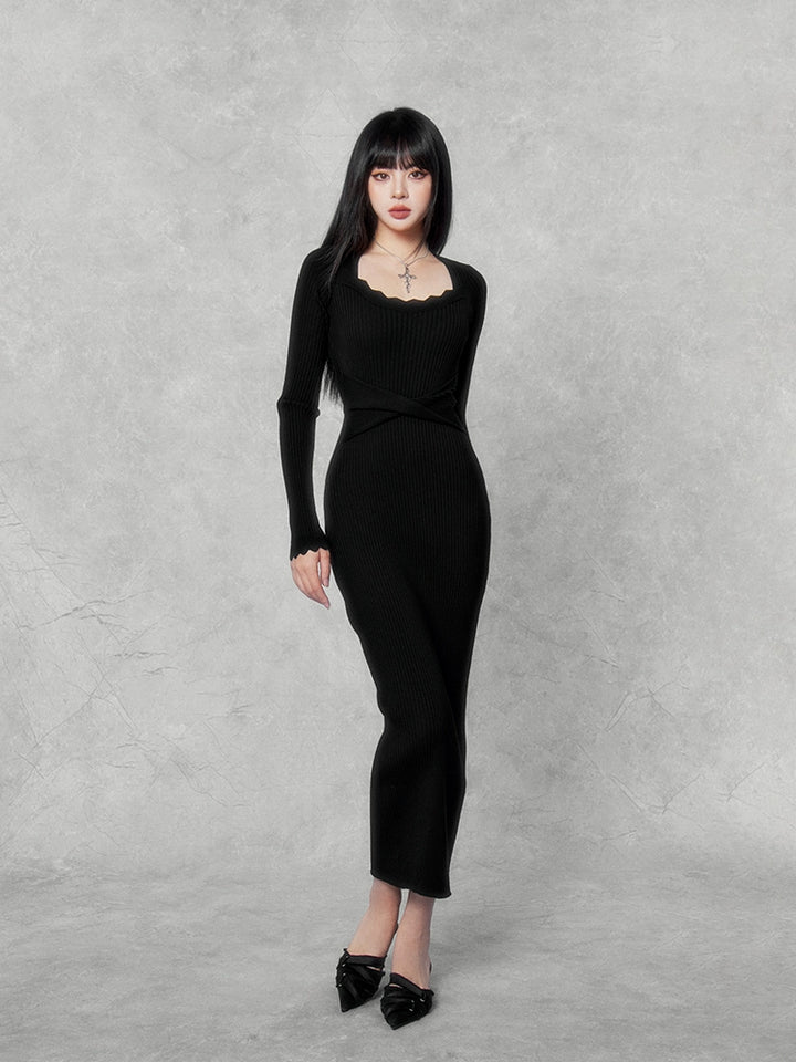 slim rib knit dress/vo1110