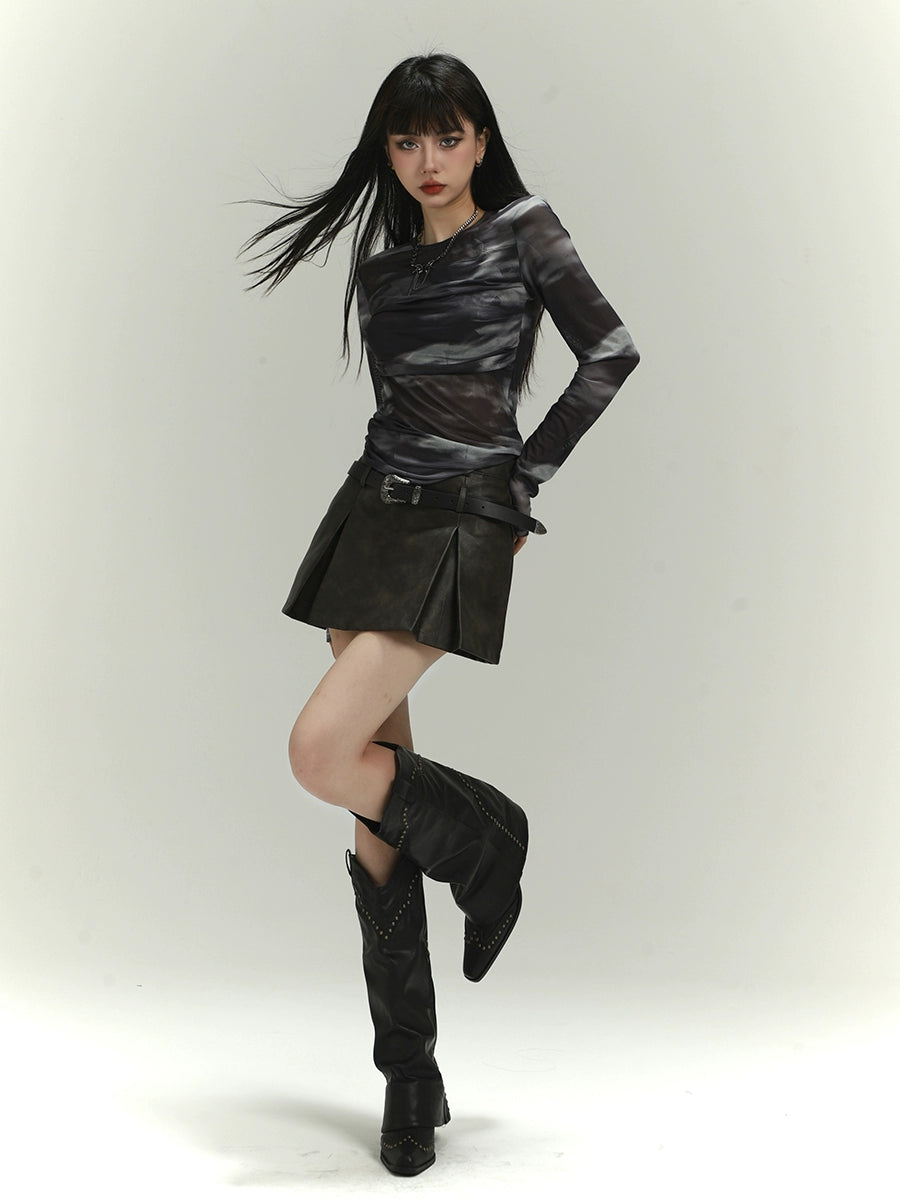 retro high waist leather short skirt / LG1105